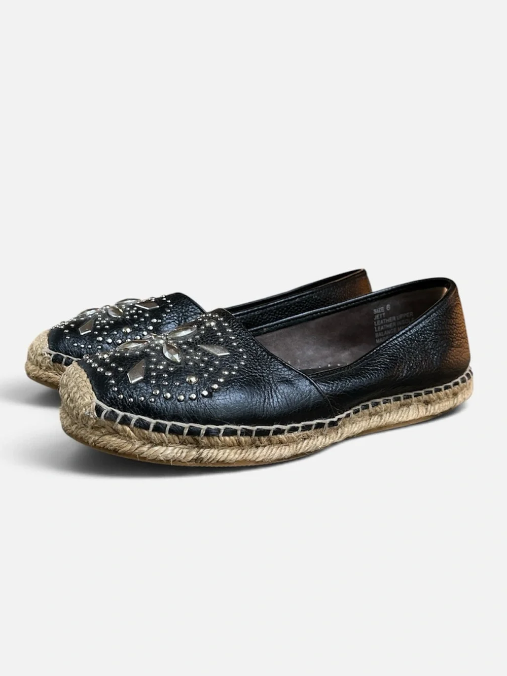 Brighton Jett Leather Studded Espadrille Moccasin Flat in Black Size 6